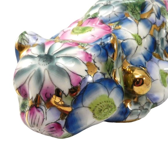 Vintage Peony Flowers Sleeping Cat Figurine Kutani Style Hand Painted 9.75" - Picture 3 of 9